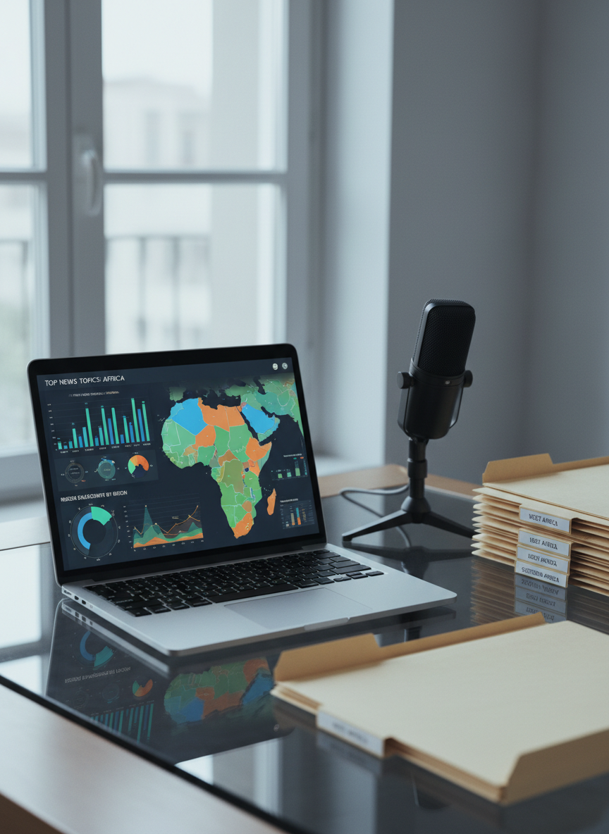 A polished glass-topped desk with a slim, open laptop showing an analytics dashboard of news topics and reader engagement, with graphs and maps highlighting different African regions. Next to the laptop sits a stack of neatly organized folders labeled with small region tags, and a high-quality condenser microphone on a compact stand, suggesting multimedia reporting. Cool, diffused overcast light from a large nearby window evenly illuminates the scene, with gentle reflections on the glass and metal surfaces. Shot from a slightly elevated angle using the rule of thirds, everything is in sharp focus. The atmosphere is precise, methodical, and highly professional, rendered in clean photographic realism suitable for a serious digital news analysis site.
