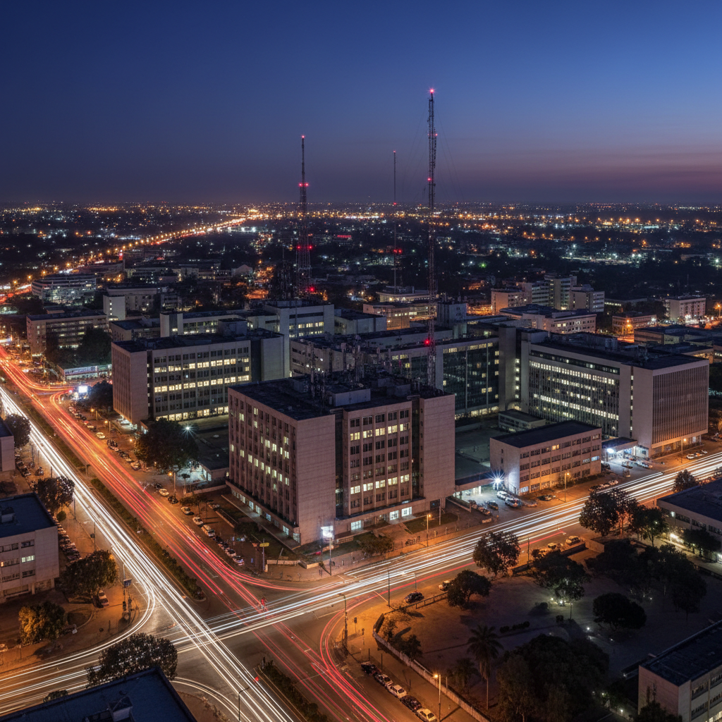 A nighttime cityscape of a mid-sized African city captured from a high vantage point, with a focus on a cluster of illuminated government buildings and media antennas rising from rooftops. Streetlights draw clean lines through the frame, and traffic forms soft trails of red and white light, suggesting constant movement and breaking news potential. The sky is deep navy with a faint gradient near the horizon. The scene is photographed with long exposure, creating crisp architectural detail yet smooth light streaks. Composition follows the rule of thirds, with the central administrative complex subtly emphasized. The atmosphere is vigilant, dynamic, and slightly tense, rendered in realistic, high-resolution photographic style suitable for coverage of political and social events.