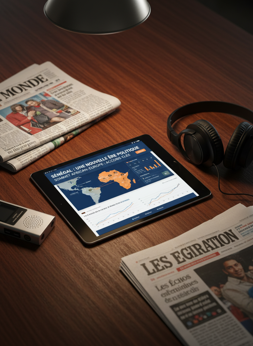 A close-up of a modern tablet lying flat on a dark wooden table, its bright screen displaying a well-organized news interface focused on African and international headlines, maps, and data visualizations. Around the tablet, there are neatly arranged printed newspapers in French, a small digital audio recorder, and a pair of over-ear black headphones, all hinting at a multimedia newsroom. Warm overhead pendant lighting creates soft highlights along the tablet’s polished edges and subtle shadows in the paper folds. Captured from a slightly elevated angle with a shallow depth of field, the scene feels focused, reliable, and analytical, with a photographic, documentary style that emphasizes digital independence and serious journalism.
