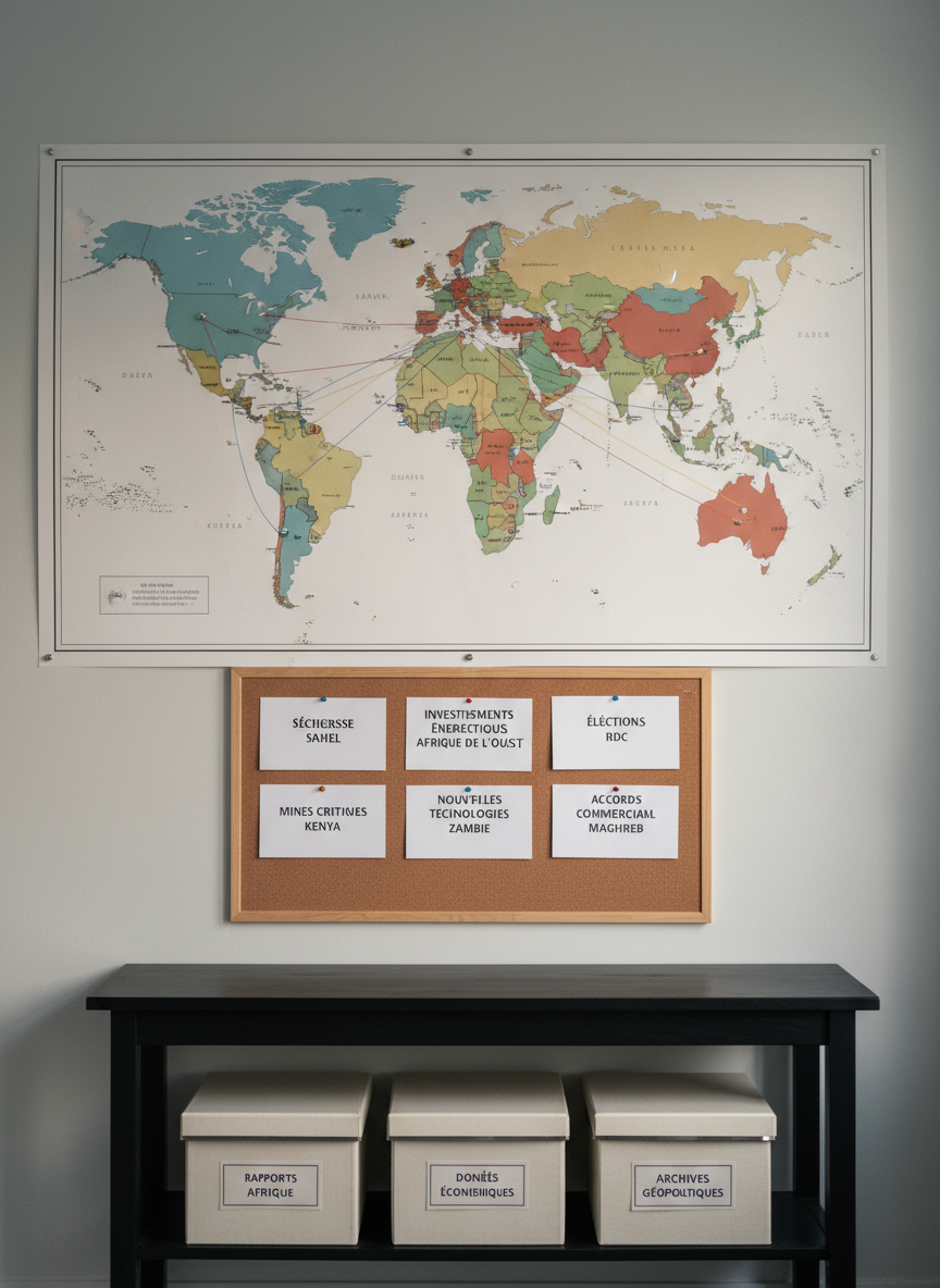 A large wall-mounted world map with Africa prominently centered, printed on matte paper with clear political boundaries and soft, muted colors. Thin colored strings connect small metal pins on key African cities to concise printed headline cards in French, neatly arranged on a corkboard just below the map. The setup is on a pale-grey wall above a simple black console shelf holding a few labeled document boxes. Late afternoon natural light from the right side creates gentle side lighting, giving depth to the pins and texture to the cork. Captured straight on with sharp focus throughout, the mood is thoughtful, investigative, and slightly cinematic, in a photographic, newsroom-inspired style.