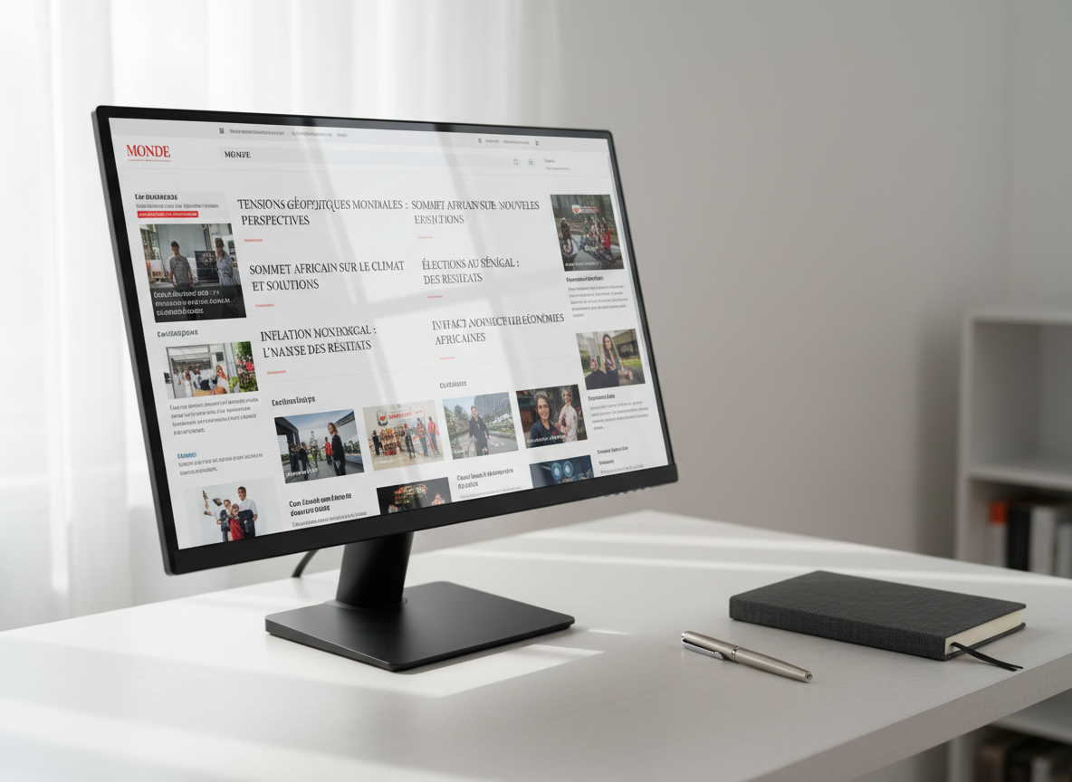 A sleek, large-format digital news homepage displayed on an ultra-thin black monitor with a matte screen, showing clearly legible French headlines about world and African current events. The monitor rests on a minimalist white desk with a subtle texture, beside a closed dark-grey notebook and a silver pen. Soft, diffused daylight from an unseen window to the left creates gentle reflections on the monitor frame and casts clean, elongated shadows on the desk. Shot at eye level with a slight three-quarter angle, the background falls into a soft blur. The mood is professional, objective, and calm, with photographic realism and a clean, modern aesthetic that reflects a serious online news media brand.